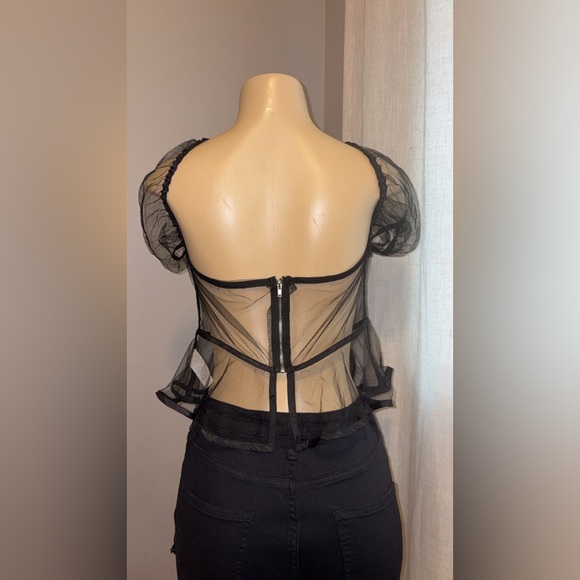 Tops - Black Sheer Puff Sleeve Top